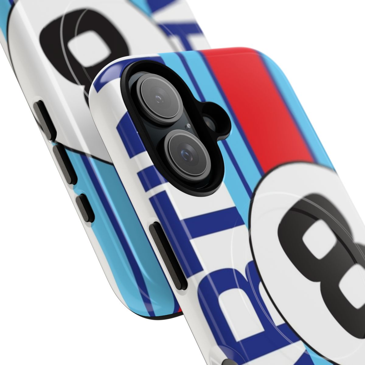 Vintage-style magnetic phone case with racing-inspired design - Detail