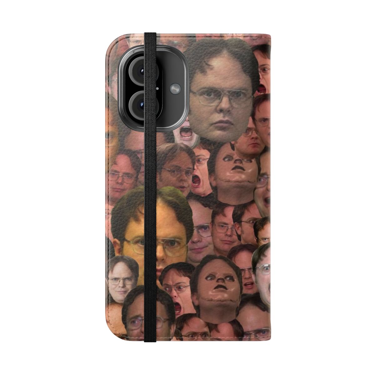 A flip cover phone case featuring a compilation of iconic facial expressions and quotes from Dwight Schrute, a beloved character from the TV series "The Office". - Folded Front