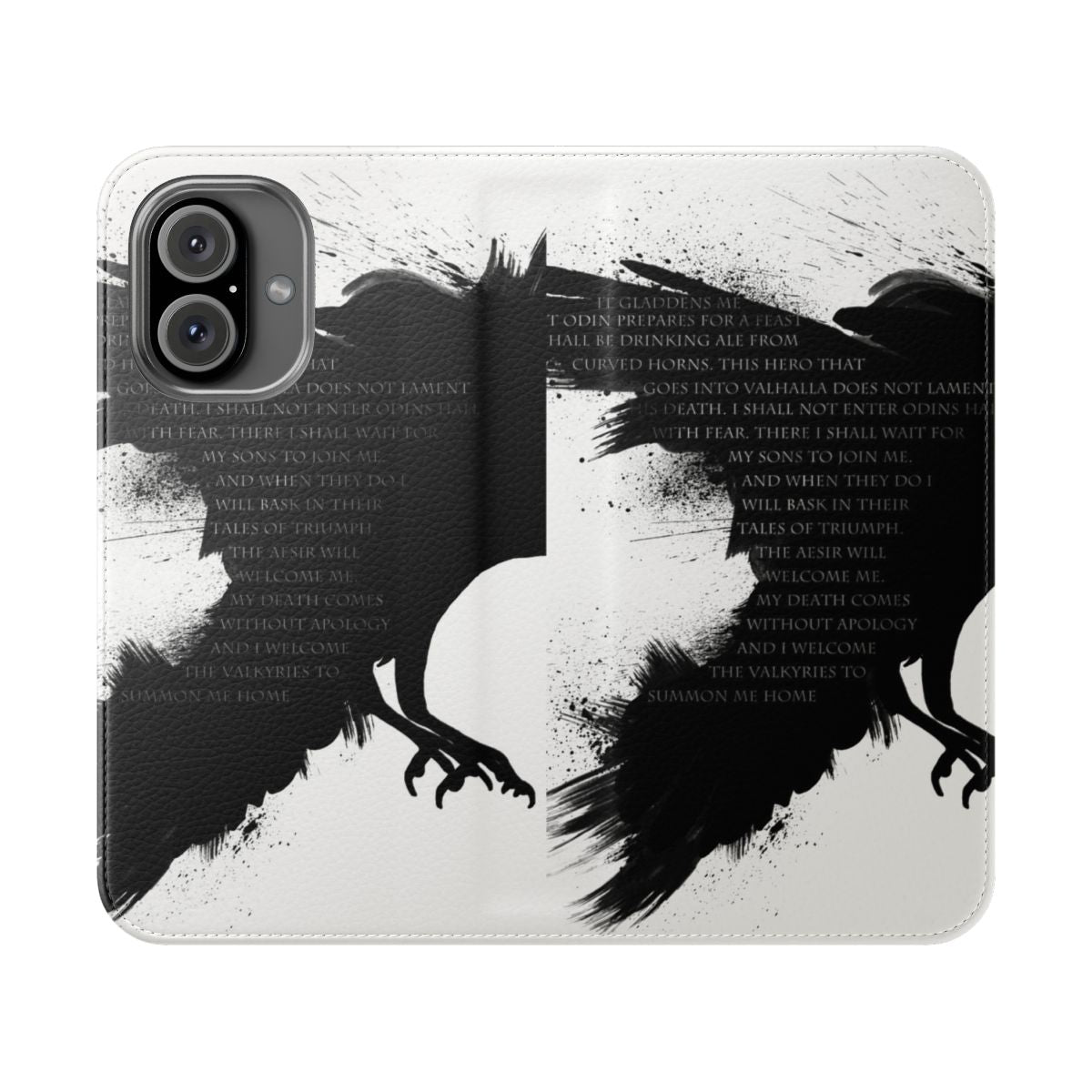 Flip phone case with a black and white design featuring a crow or raven, inspired by Norse mythology and the Vikings.