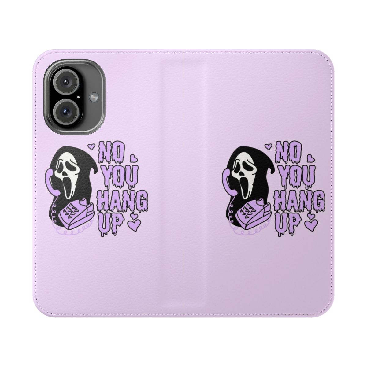 Ghostface-inspired horror flip cover phone case with "No You Hang Up" text