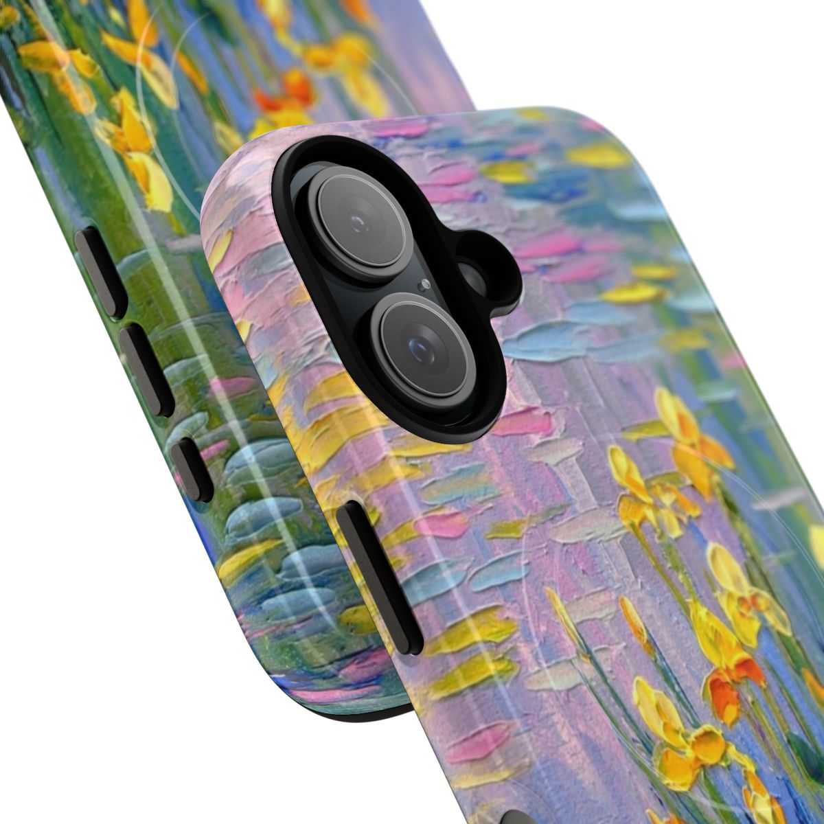 Vibrant floral phone case featuring a peaceful pond scene - Detail