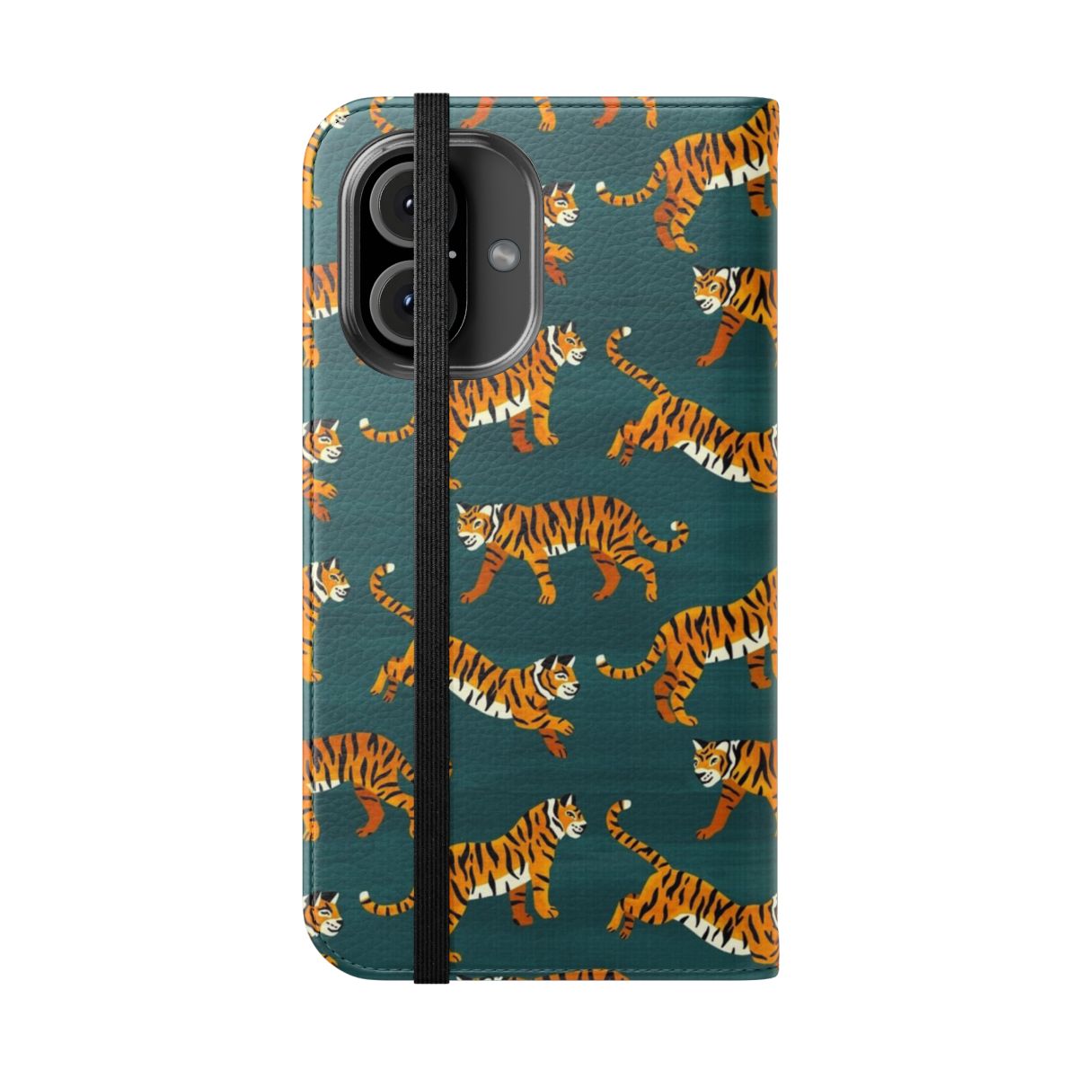 Closeup view of a navy blue phone case with an artistic Bengal tiger pattern design. - Folded Front