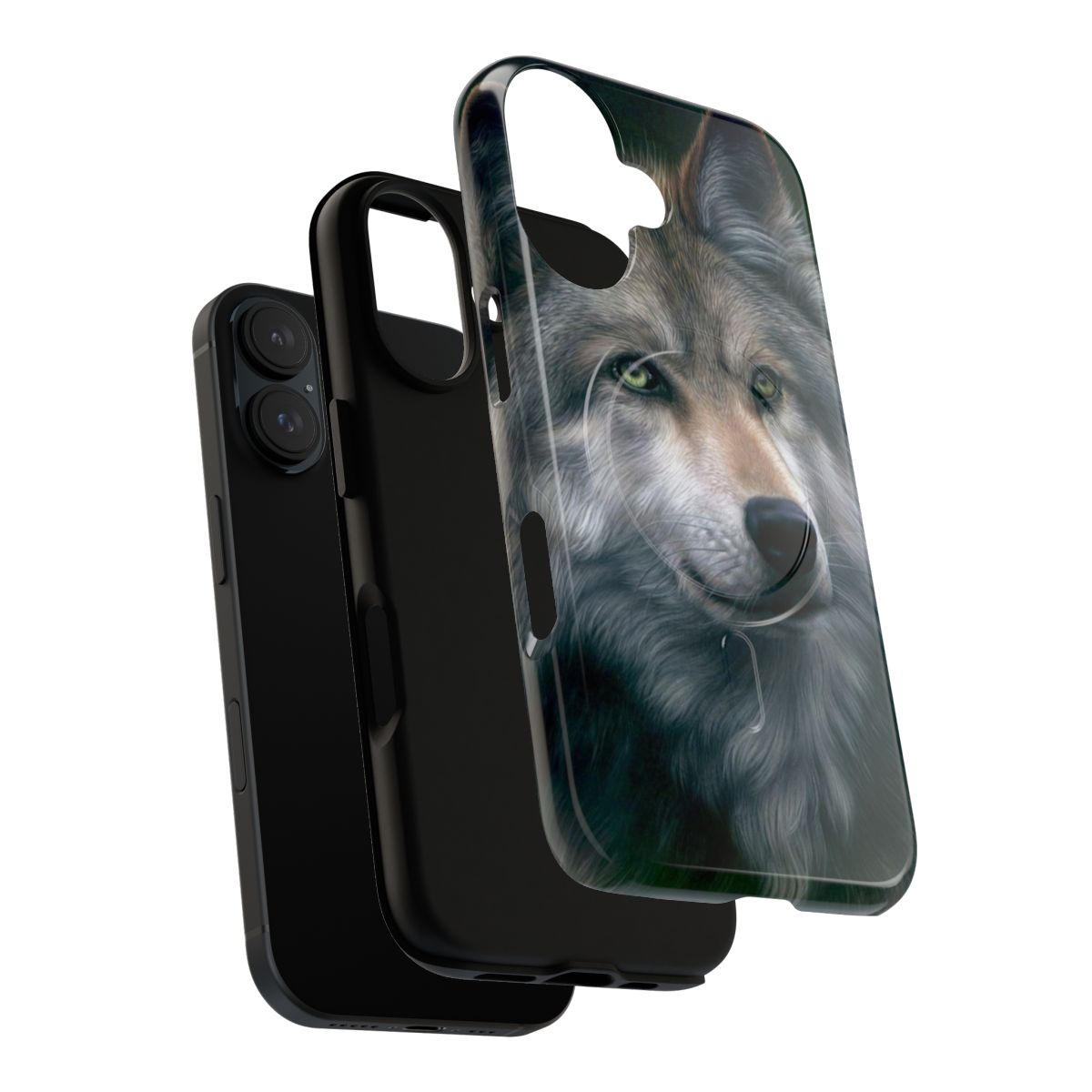 Closeup photo of a gray wolf design on a tough, magnetic phone case - Layers