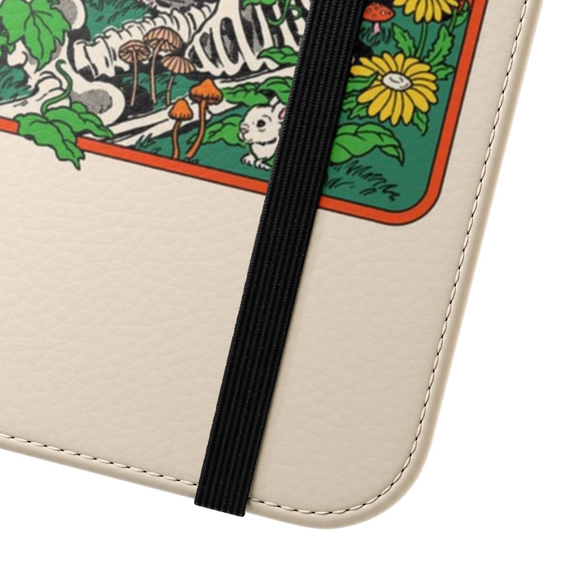 Recycled phone case with a retro, vintage design featuring mushrooms, flowers, and a skeleton - Close Up