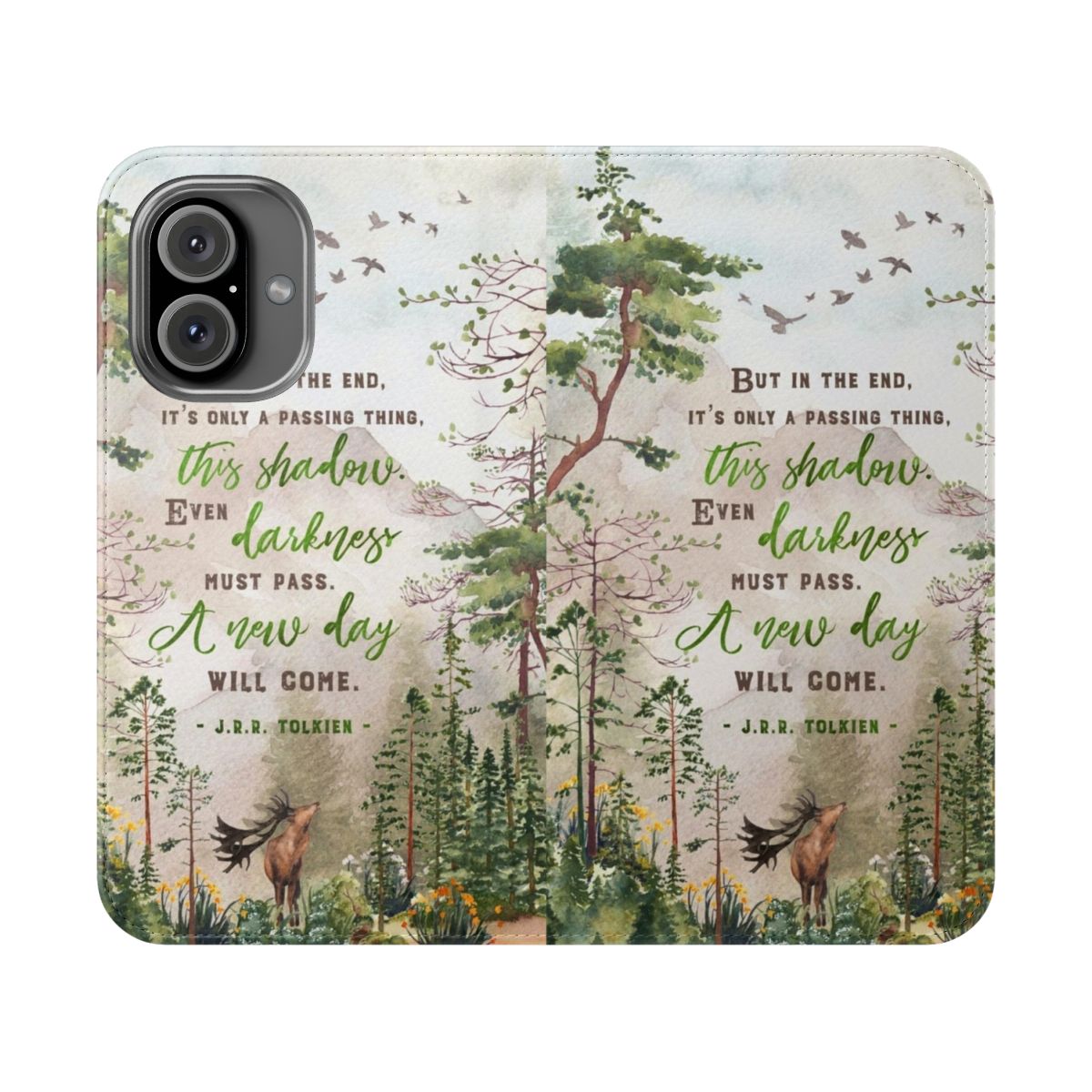 Flip cover phone case with a nature-inspired watercolor design featuring trees, leaves, and a fantasy-style ring