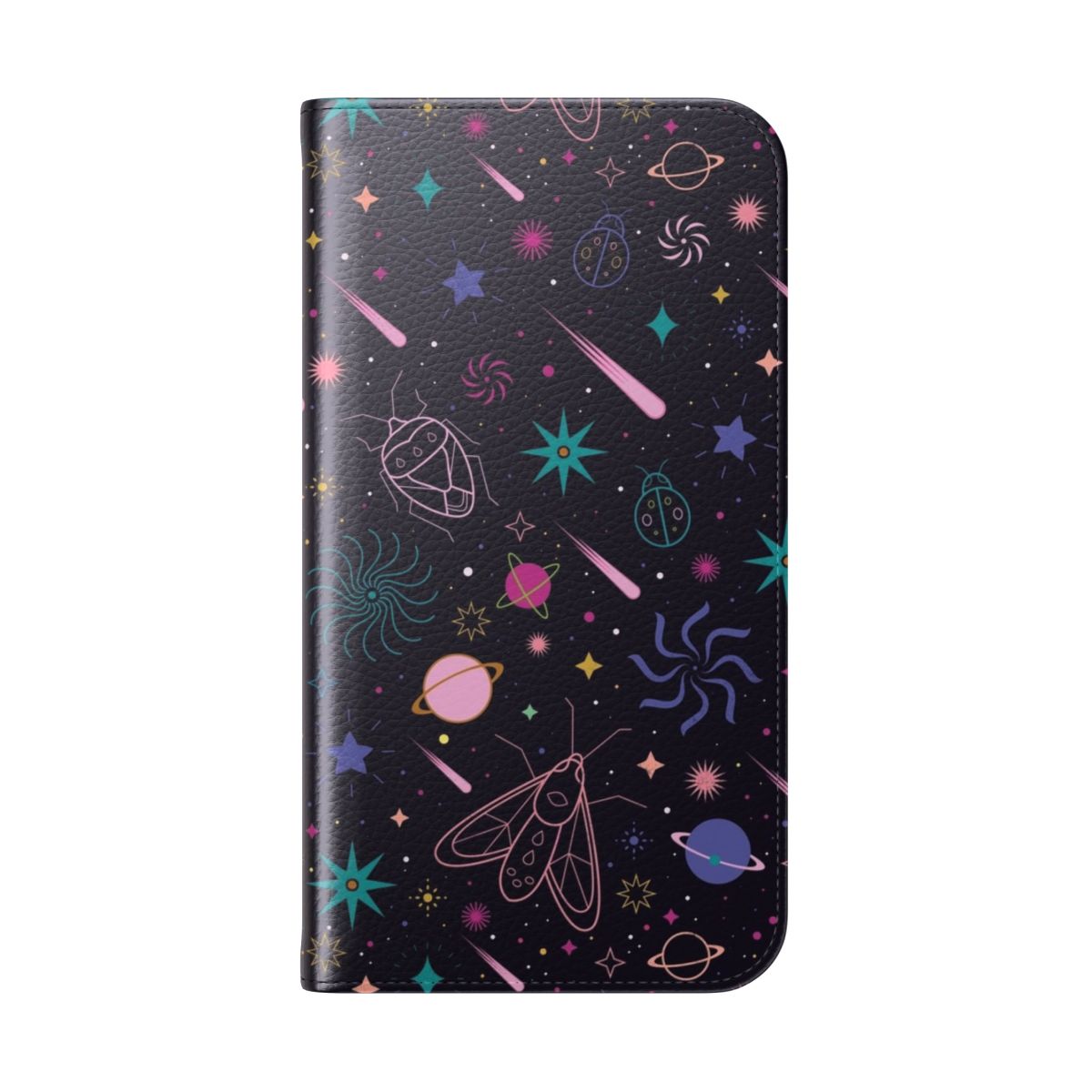 A close-up image of a decorative phone case featuring a galaxy and insect pattern design - Folded Back