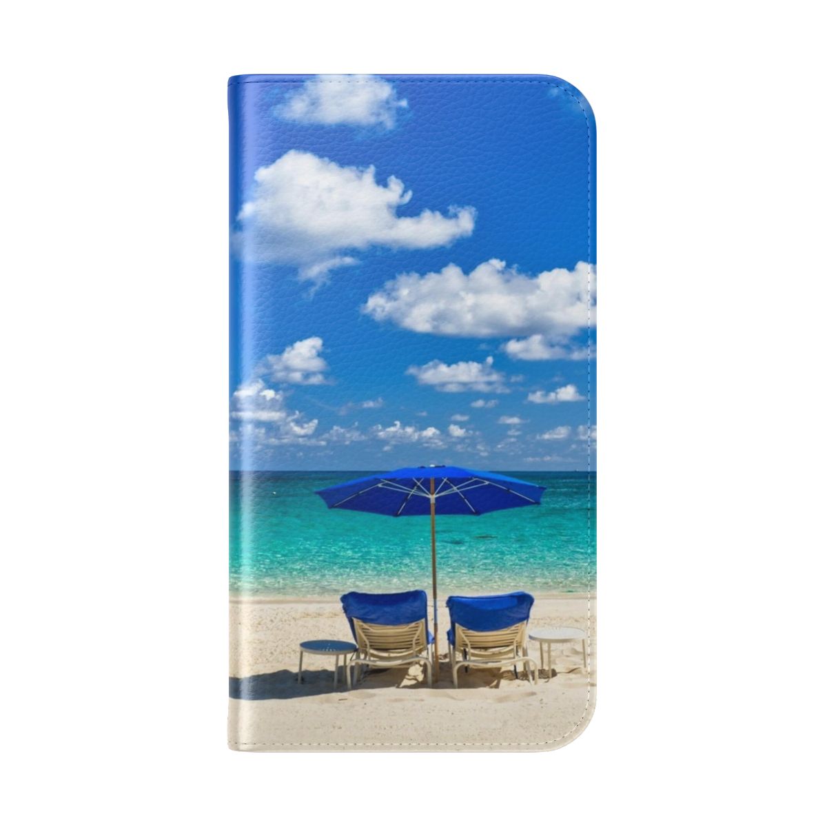 Turquoise phone case with a tropical beach paradise design - Folded Back