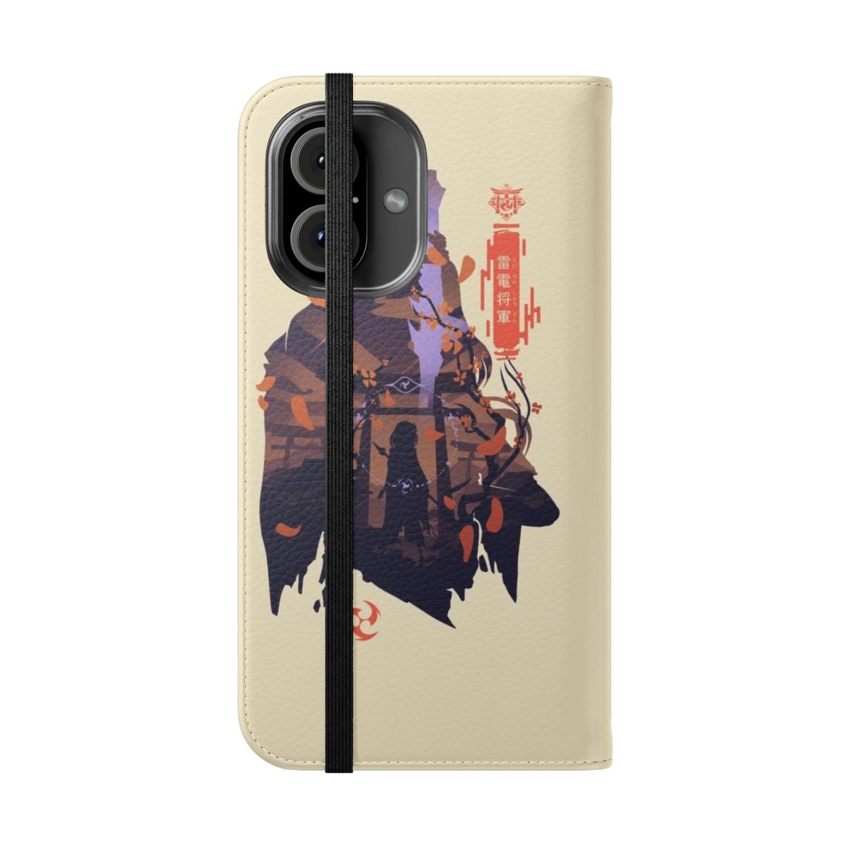 Flip cover phone case featuring Raiden Shogun from the popular game Genshin Impact - Folded Front