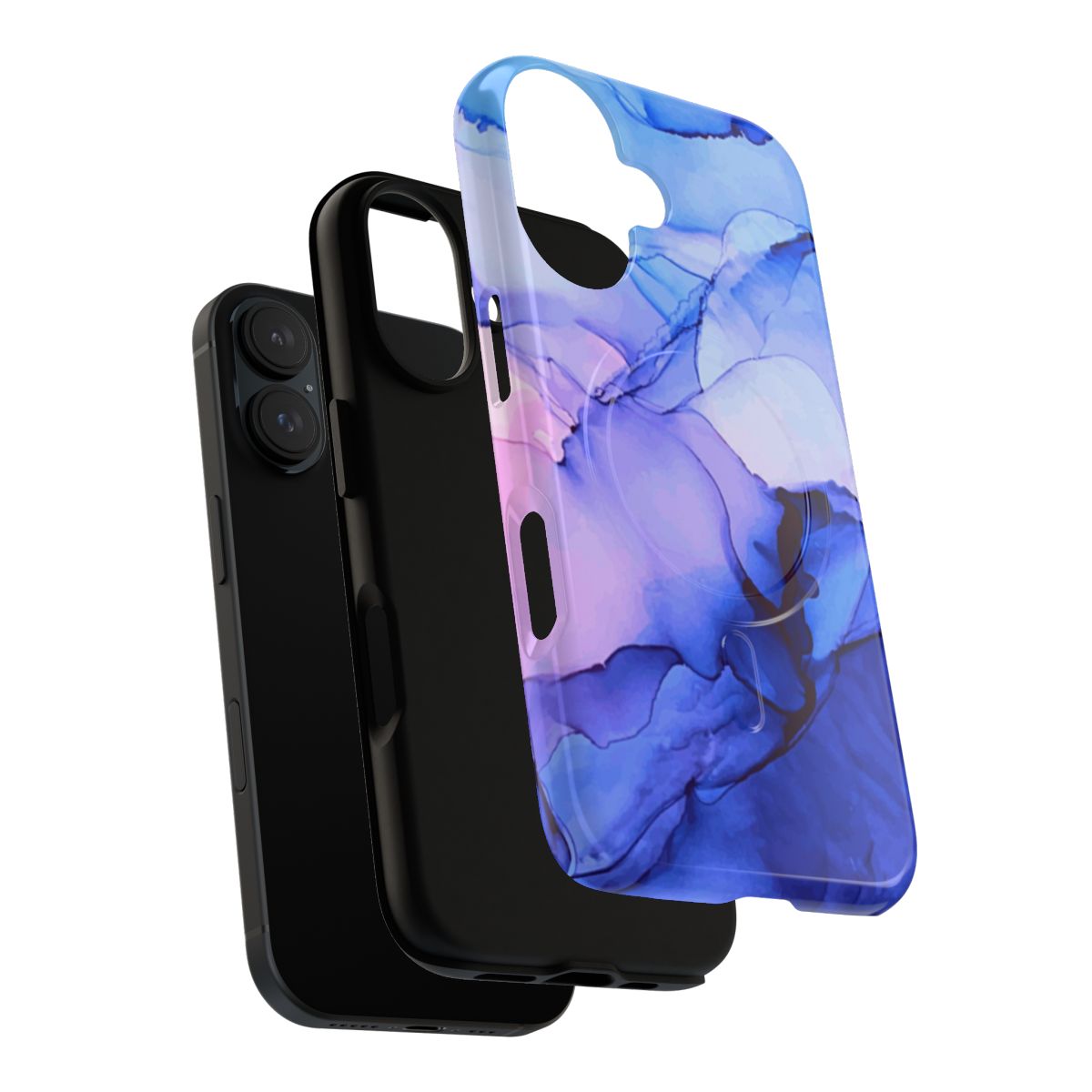 Alcohol ink painting phone case featuring a modern, abstract design in navy blue, slate blue, and orange. - Layers