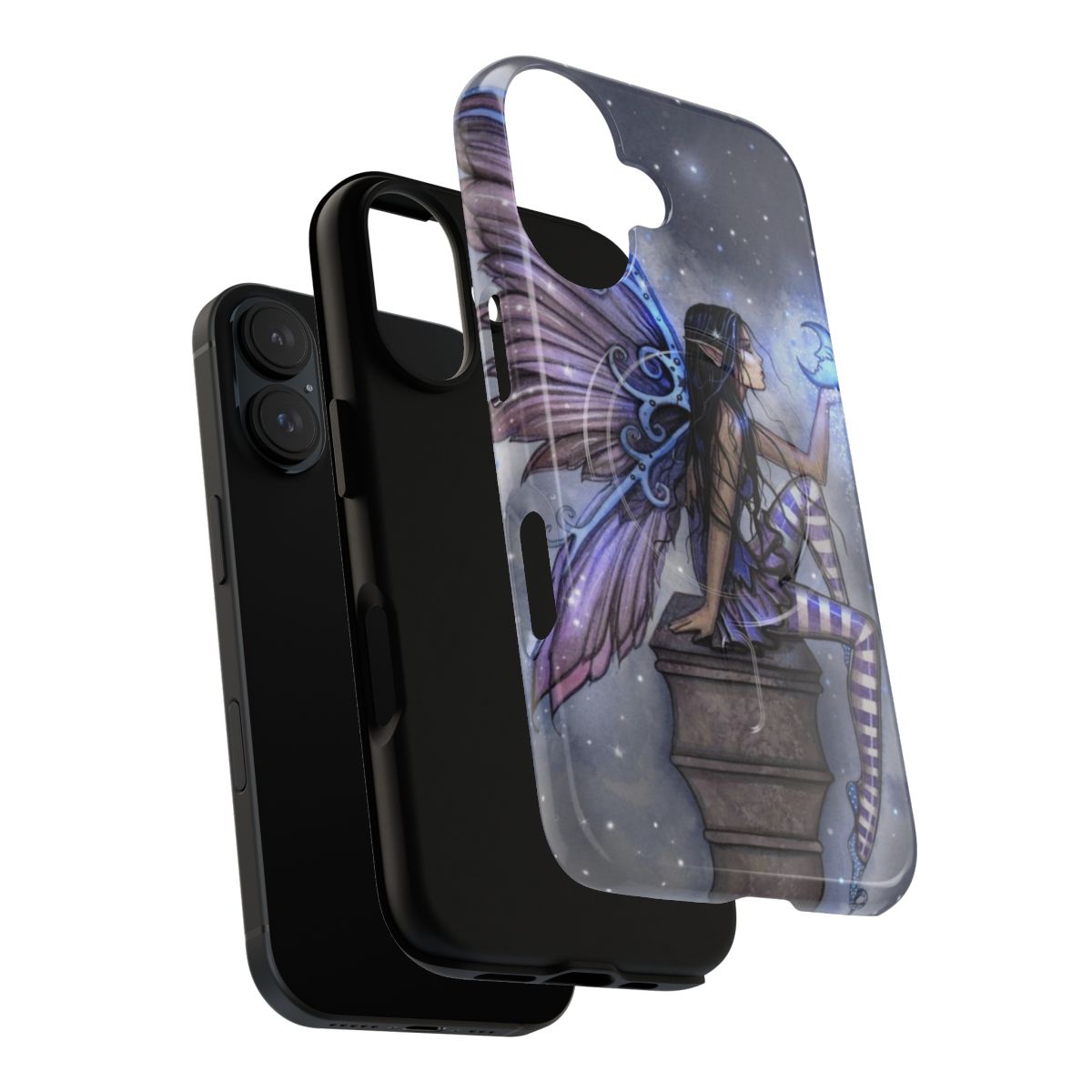 Magnetic phone case featuring a whimsical fairy fantasy art design by artist Molly Harrison, with a blue moon, stars, and purple accents. - Layers