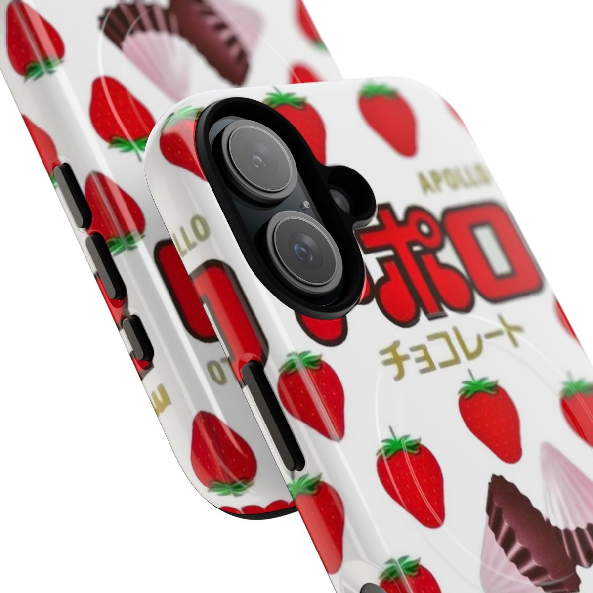 Vibrant strawberry chocolate-themed phone case with a magnetic closure and anime-style kawaii design - Detail