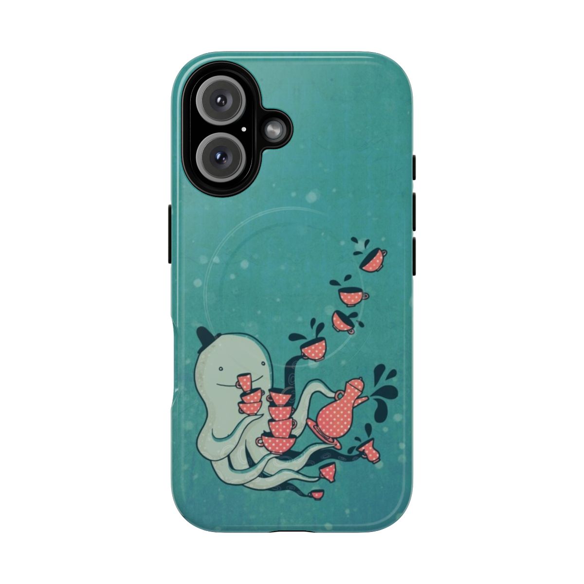 Colorful phone case featuring a cute octopus with tentacles, teacup, and underwater scene