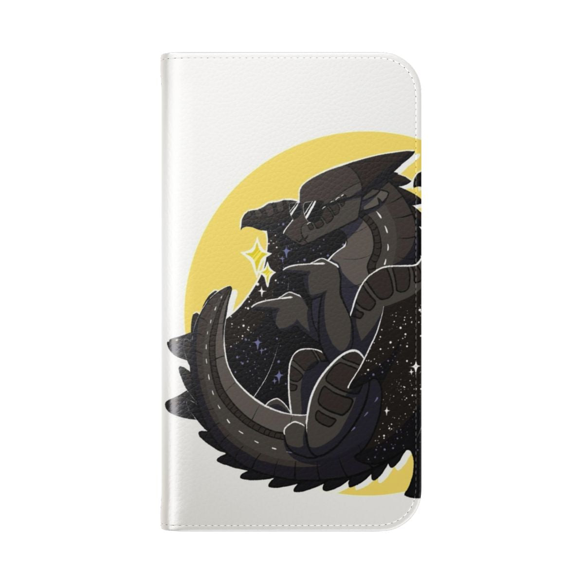 A dragon-themed flip cover phone case featuring intricate wing designs. - Folded Back