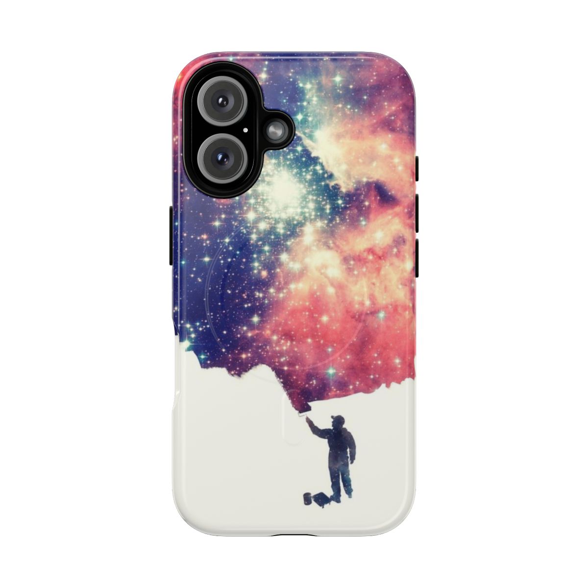 A colorful phone case featuring an abstract, negative space art design with a space, universe, or cosmic theme.