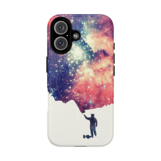 A colorful phone case featuring an abstract, negative space art design with a space, universe, or cosmic theme.