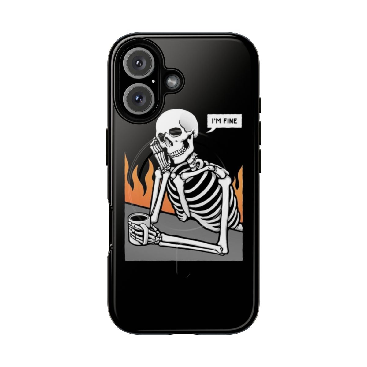 Magnetic tough phone case with dark art graphics of skulls, fire, and skeletons