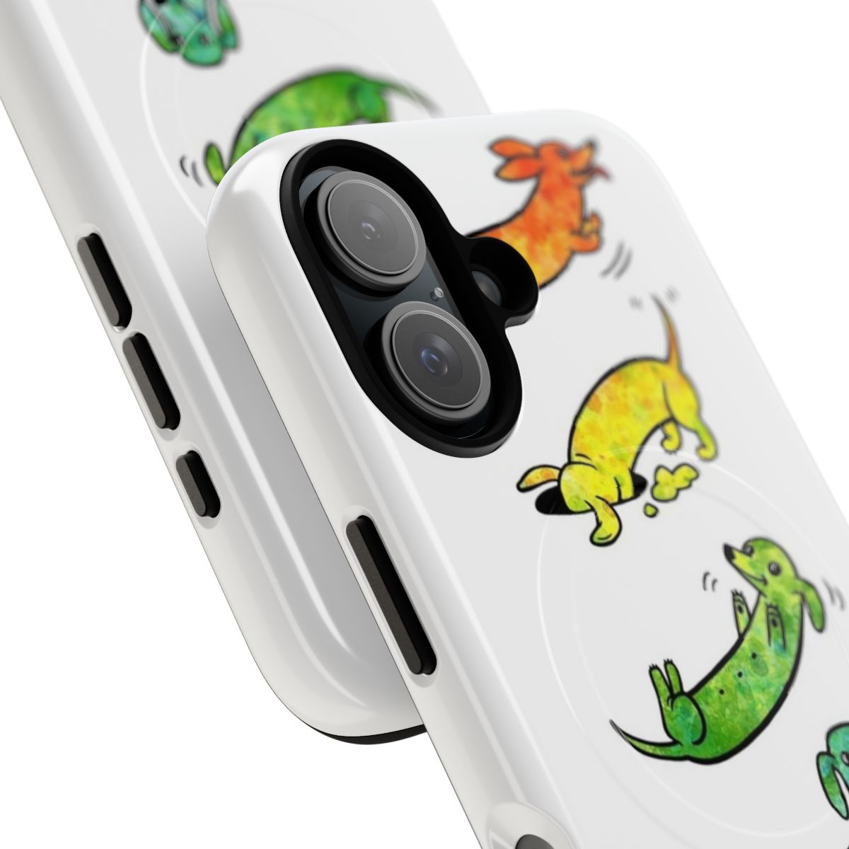 Vibrant watercolor illustration of playful dachshund dogs on a phone case - Detail