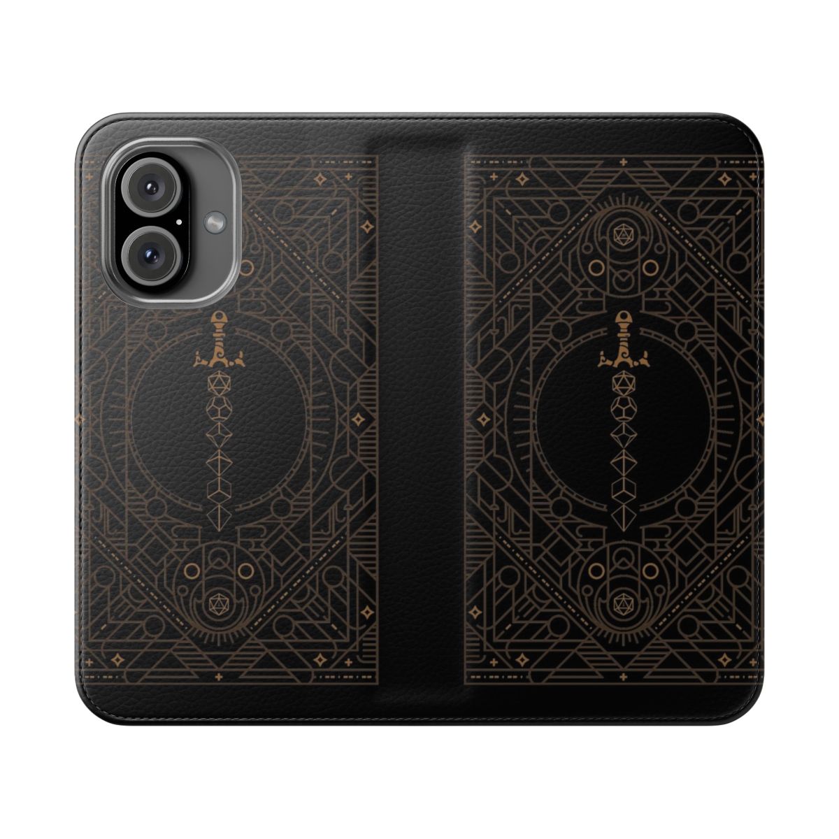 Polyhedral dice and sword vintage minimalist geometric design on a flip cover phone case