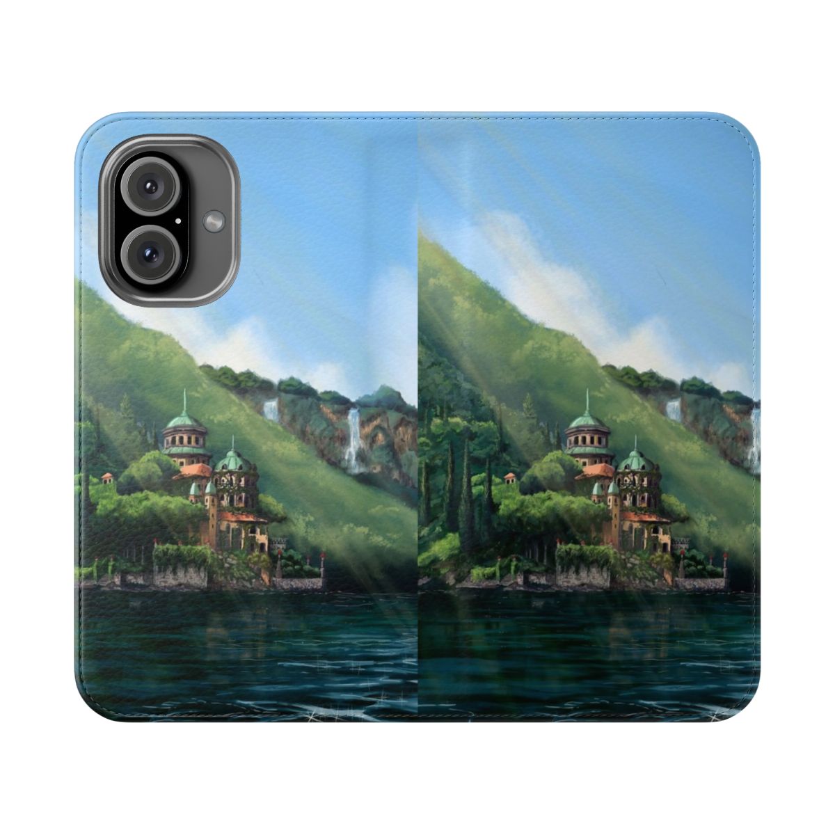 Phone case with image of waterfalls, lake, and villa inspired by Star Wars setting