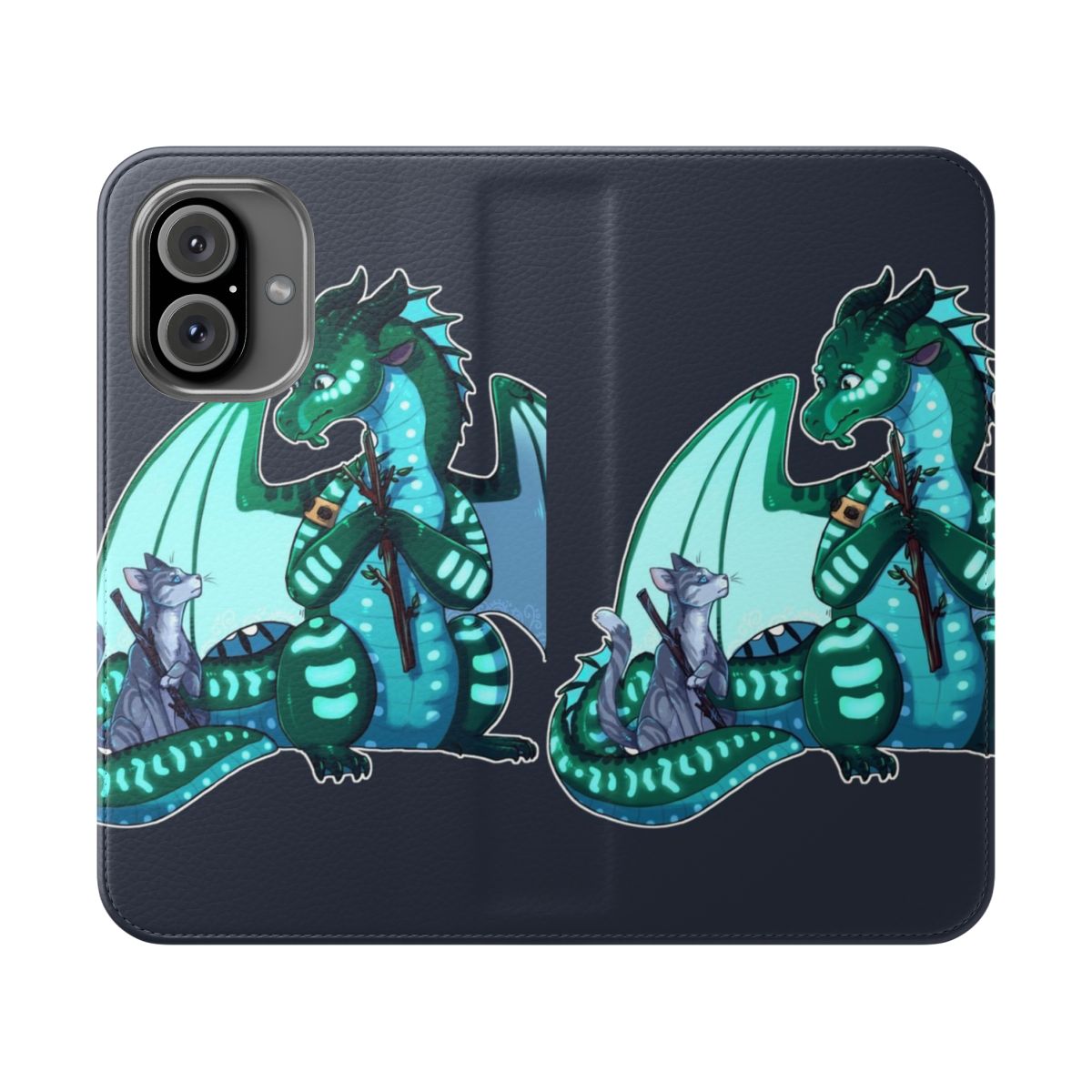 Flip phone case featuring stick figure characters from the fantasy book series "Wings of Fire" and "Warriors"