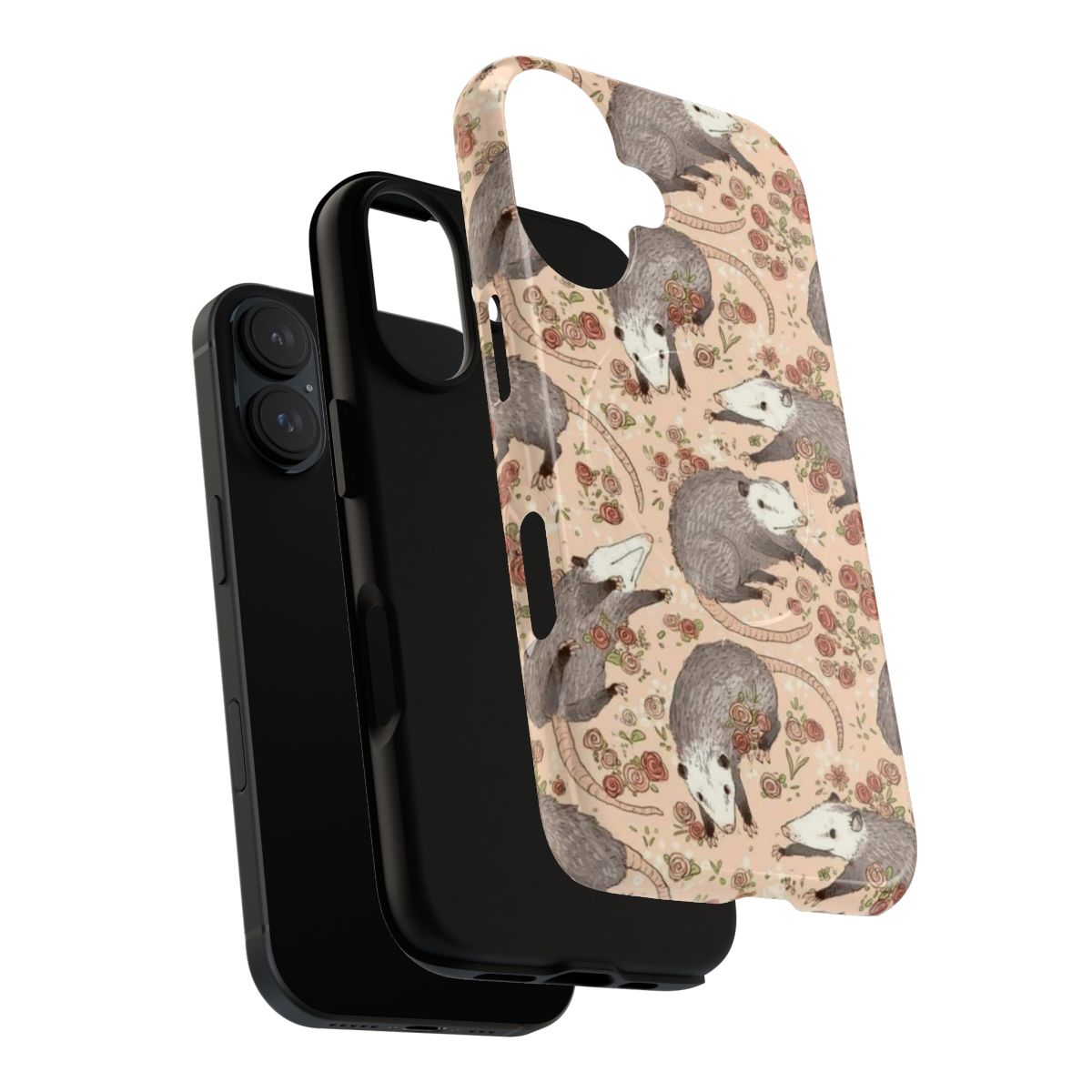 Whimsical phone case featuring a cartoon opossum surrounded by vintage-inspired floral and nature-inspired design - Layers