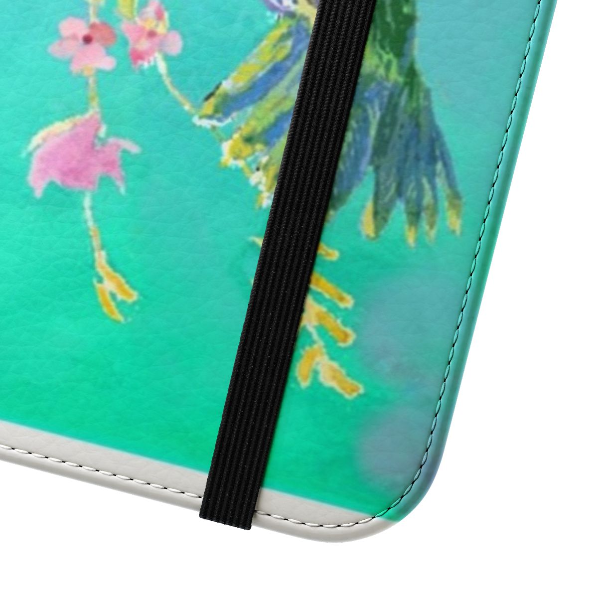 Colorful flip cover phone case featuring a detailed hummingbird design - Close Up