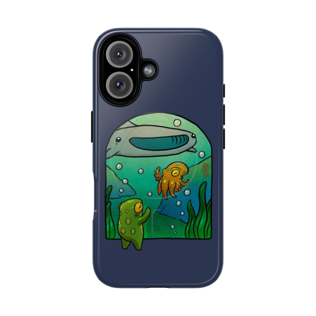 Vibrant illustration of a frog, octopus, and whale shark in an aquarium scene on a magnetic phone case.