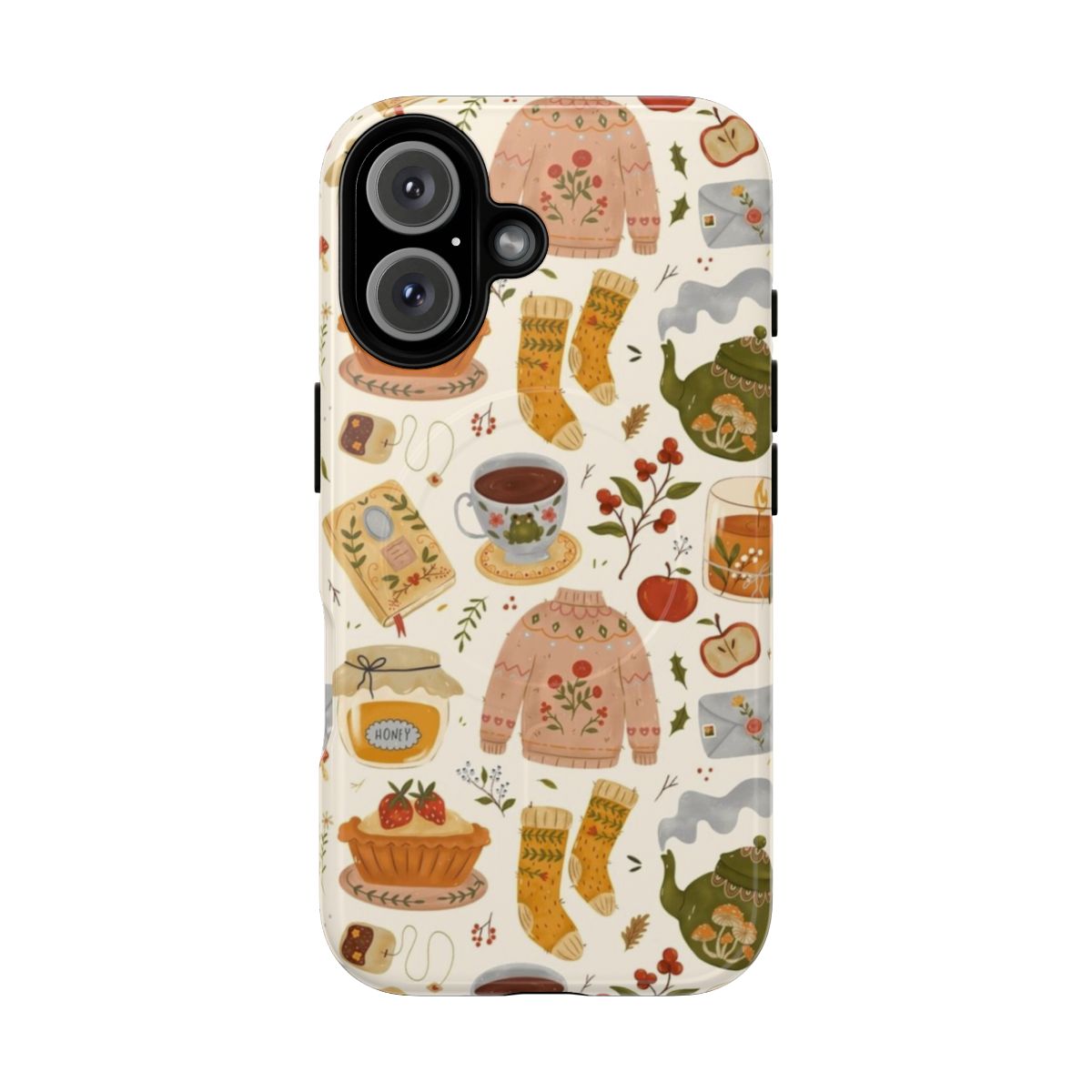 Cozy cottage pattern magnetic tough phone case with teapot, book, and floral designs