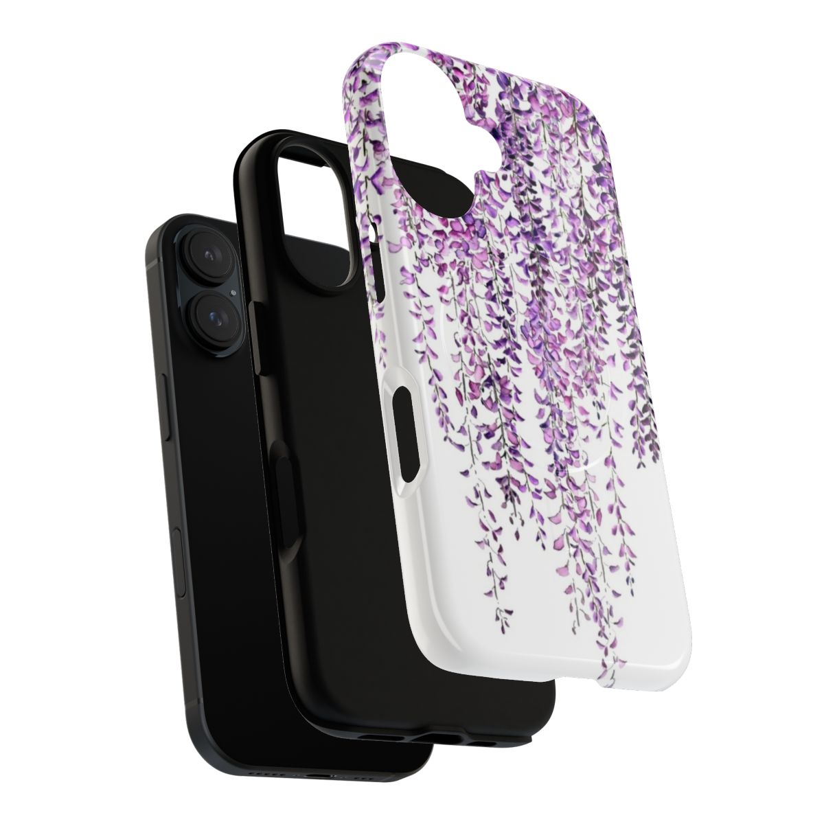 Vibrant watercolor painting of purple wisteria blooms on a phone case - Layers