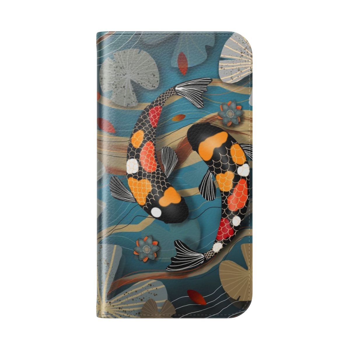 Colorful illustration of koi fish swimming in a lush water garden, featured on a phone case. - Folded Back