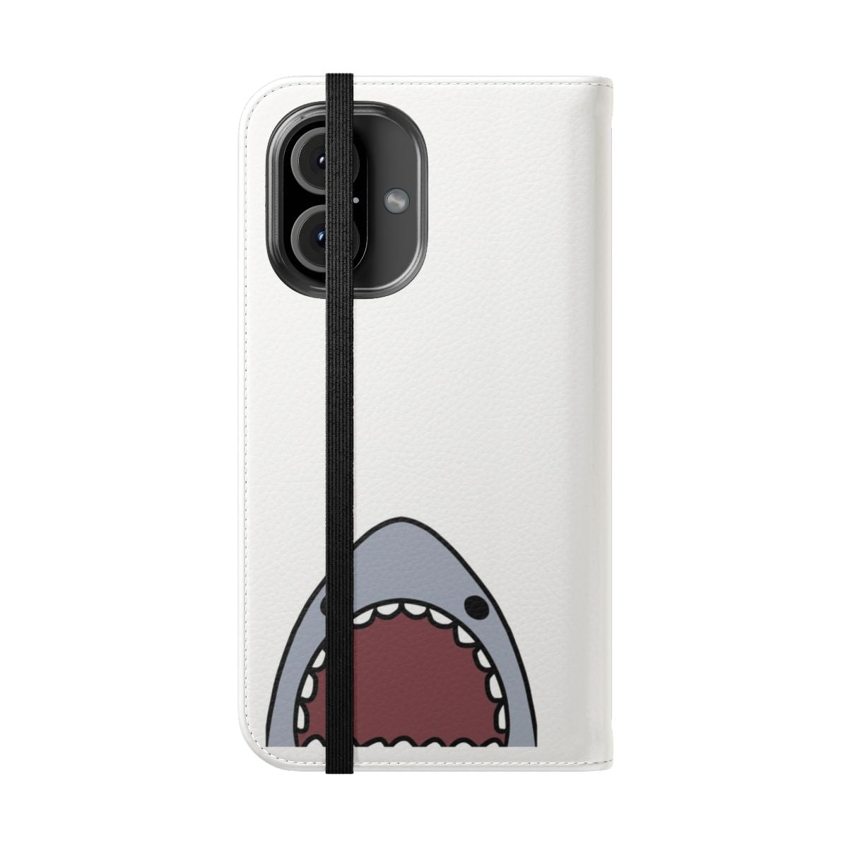 Shark-themed flip cover phone case with a cute, kawaii design - Folded Front