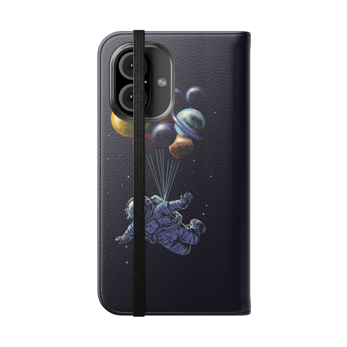 Phone case with a surreal, abstract design featuring space elements like planets, stars, and cosmic imagery. - Folded Front