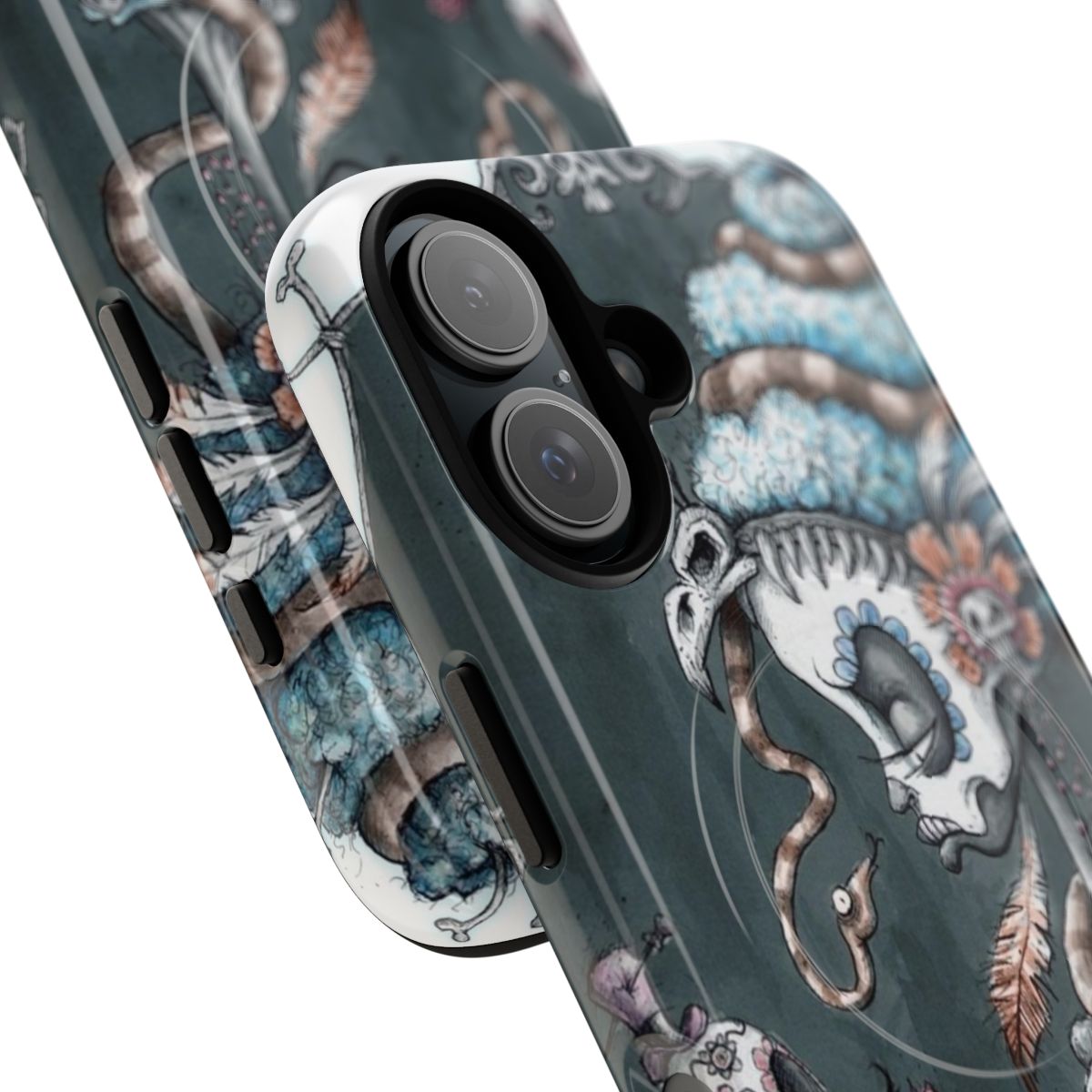 Tough phone case with dark, gothic, and occult-inspired design featuring skulls, snakes, and voodoo imagery - Detail