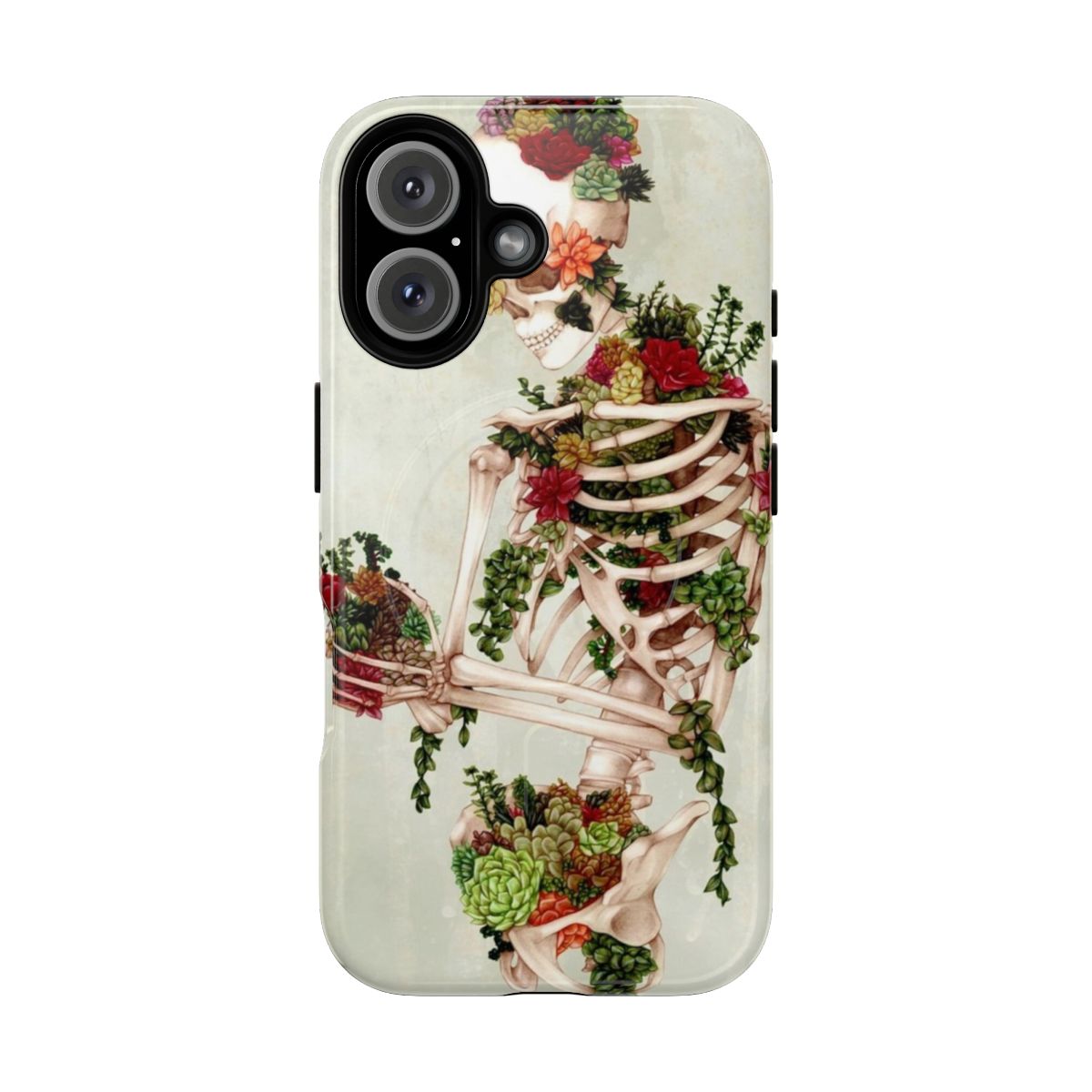 Magnetic tough phone case featuring a design with succulents and a skeleton.