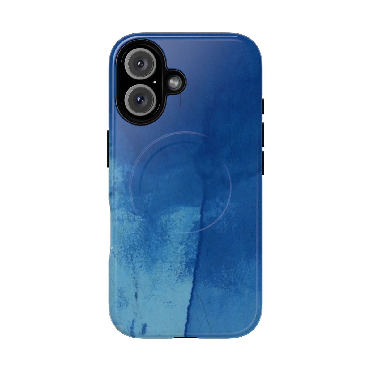 A phone case featuring a striking abstract design of a blue ink spill on a textured substrate.