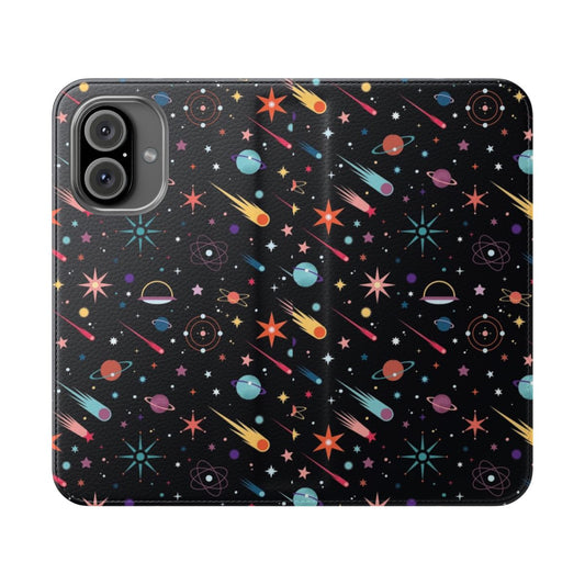 Colorful cosmic and galaxy-themed flip phone case with retro and mid-century modern design elements.