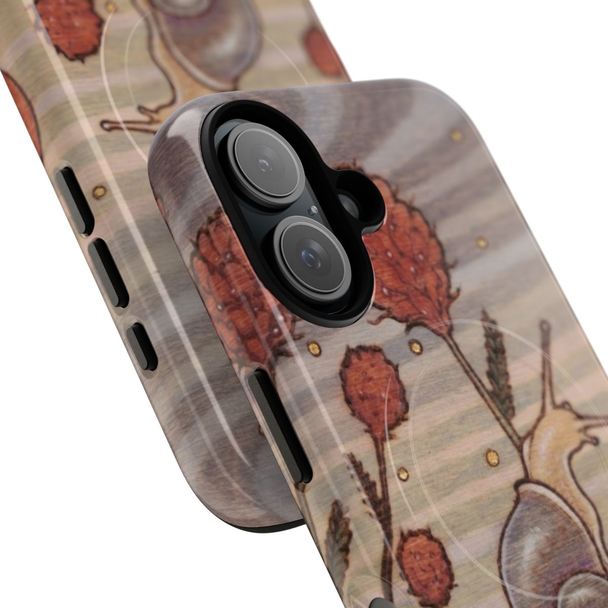 Artistic phone case featuring a snail surrounded by nature and flowers - Detail