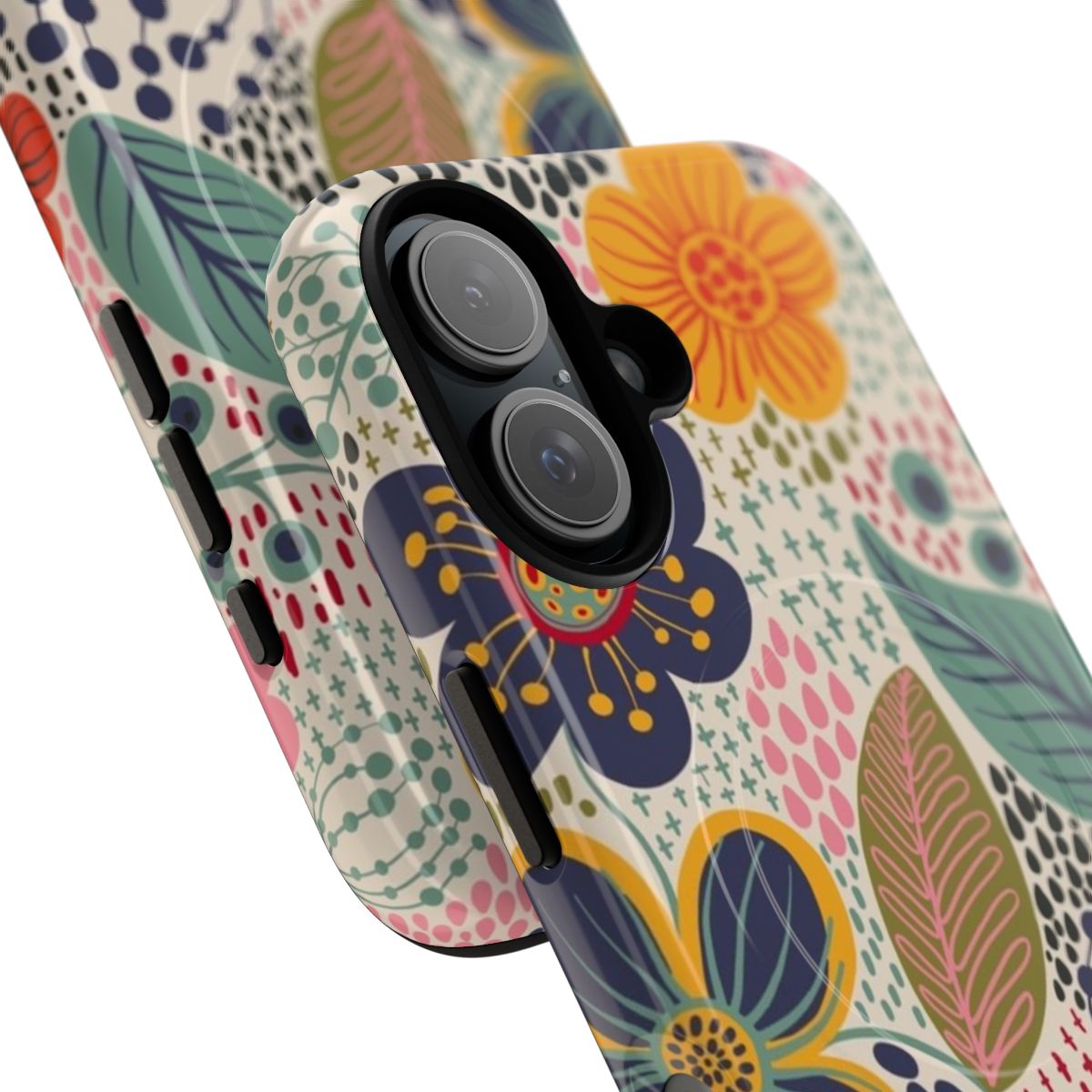 A phone case featuring a secret garden floral pattern in navy blue and yellow. - Detail