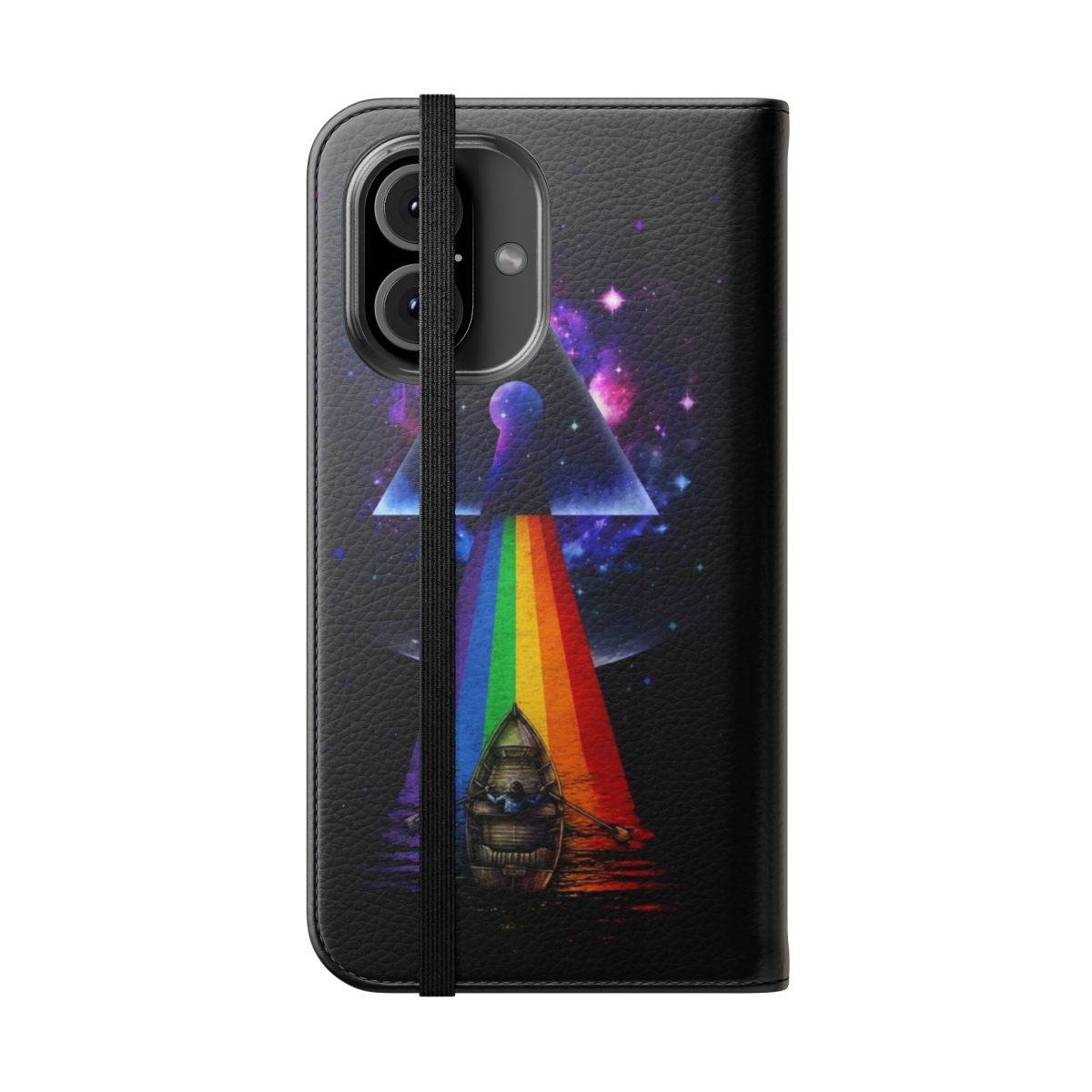 Flip phone case with a dark, cosmic galaxy design - Folded Front