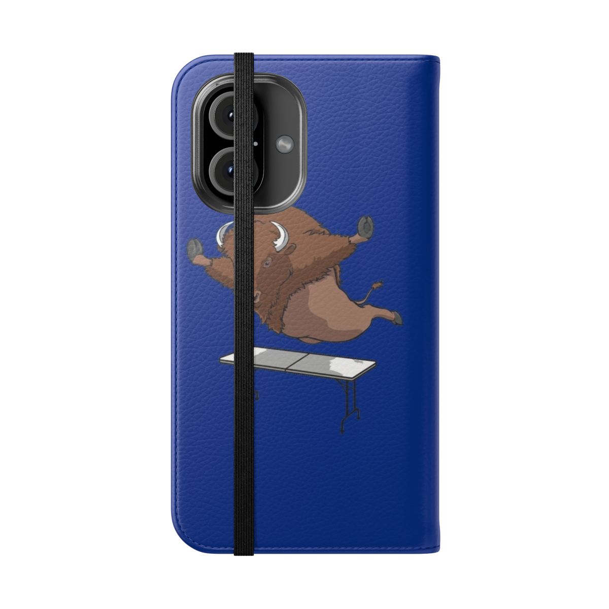 A flip cover phone case featuring a Buffalo Bills Mafia-inspired table dive design. - Folded Front