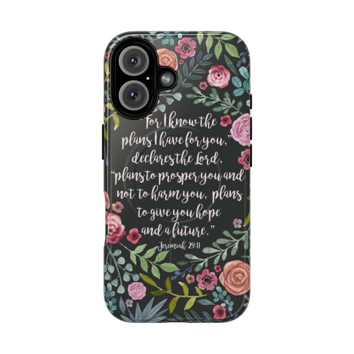 Inspirational Christian phone case with floral design and Bible verse