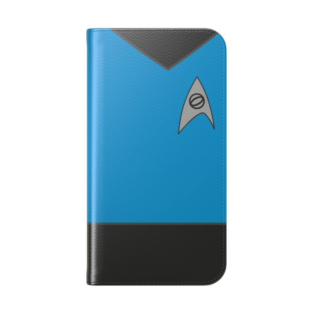 A blue flip phone case with a science fiction design, featuring elements from the original Star Trek series. - Folded Back