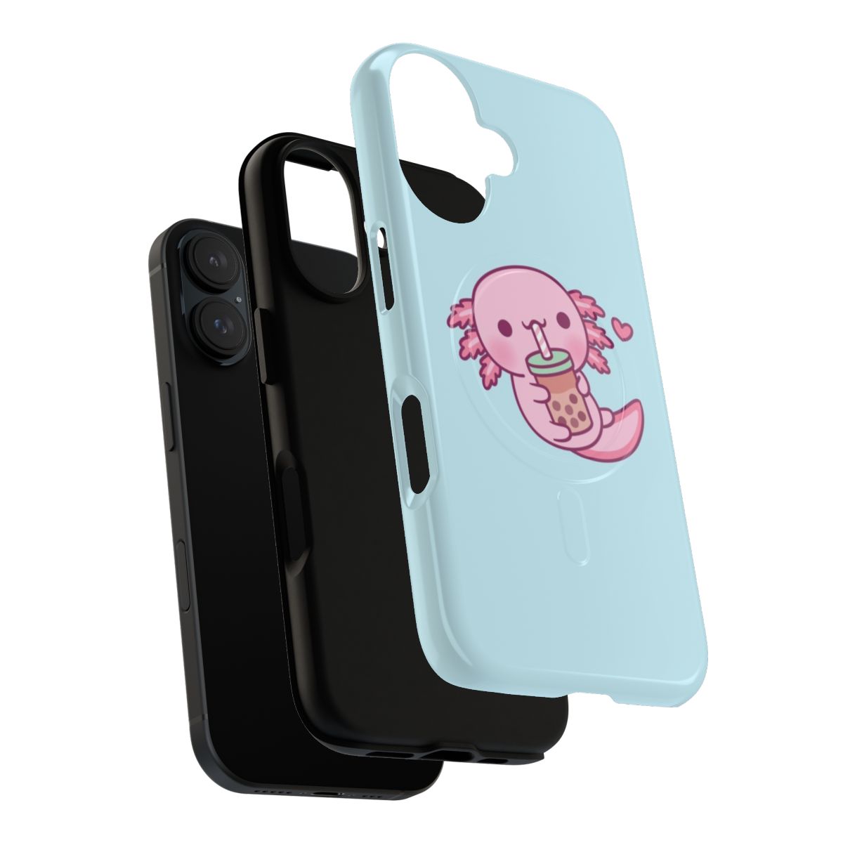 Cute illustration of an axolotl holding a bubble tea drink on a magnetic phone case. - Layers