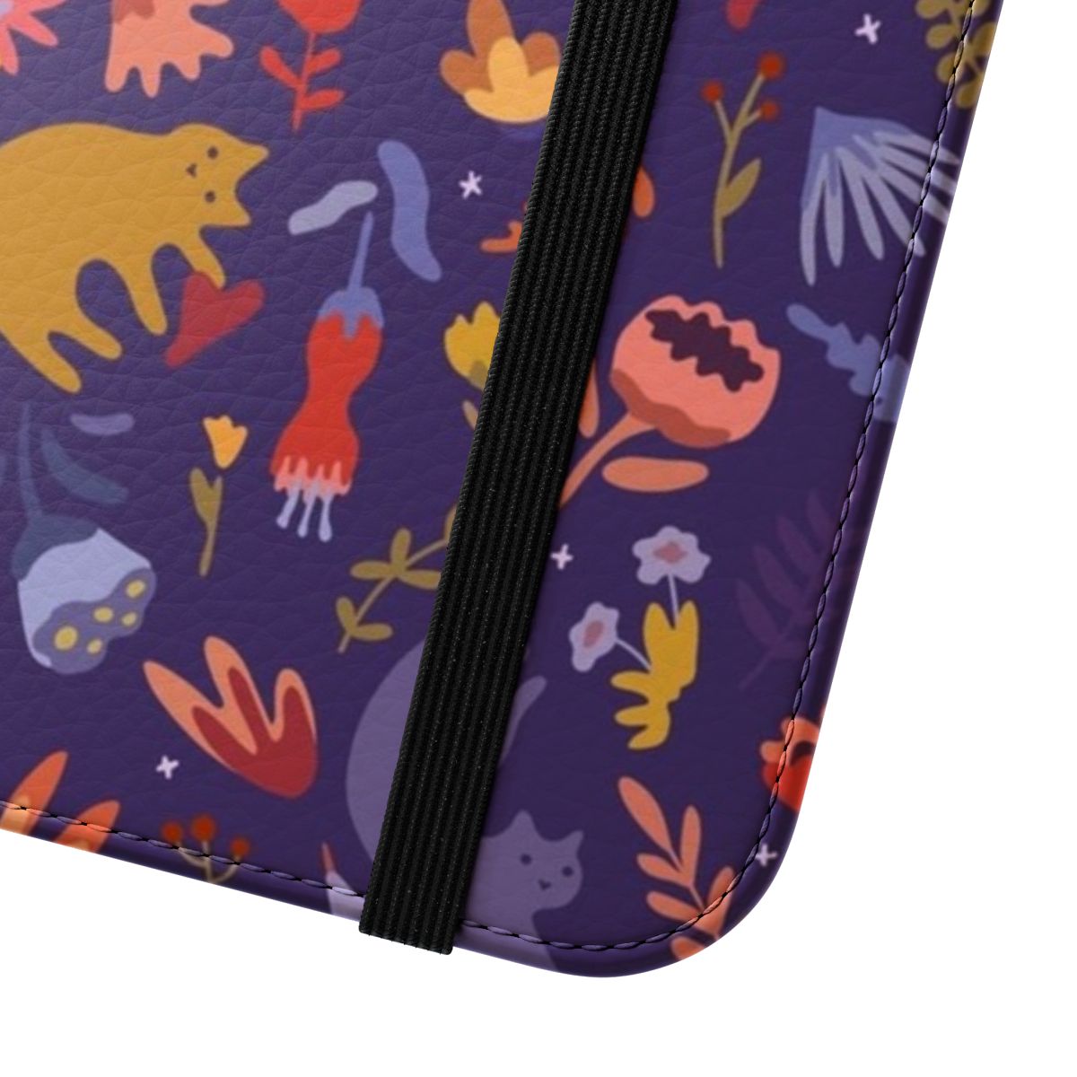 Vibrant flip cover phone case featuring a cartoon cat in a whimsical, floral magic garden landscape. - Close Up