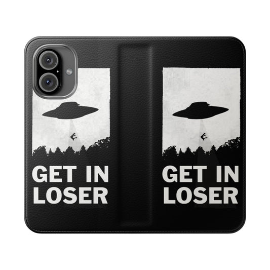 Flip cover phone case featuring a "Get in Loser" design with a flying saucer, aliens, and sci-fi elements.