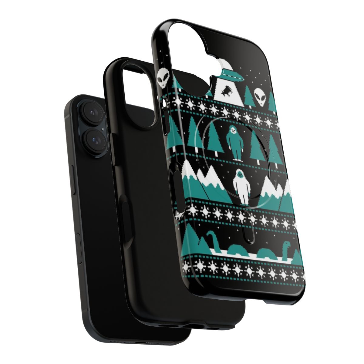 Paranormal inspired magnetic tough phone case with christmas sweater design featuring UFO, alien, bigfoot, yeti, and other cryptids - Layers