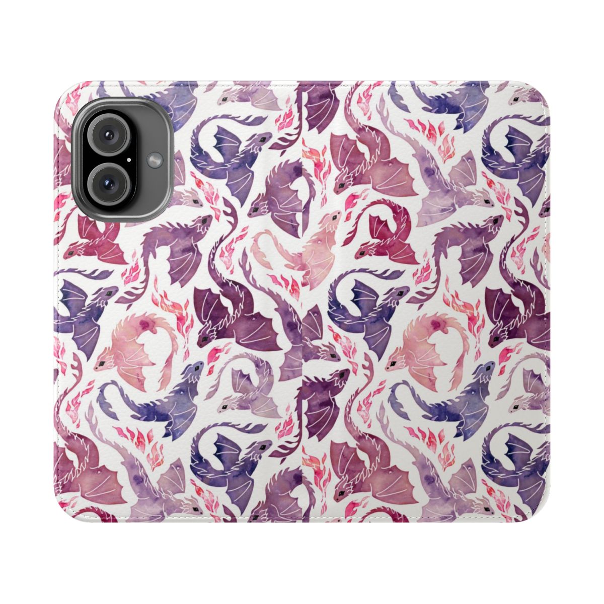 A pink and purple flip phone case with a watercolor dragon and flames design.