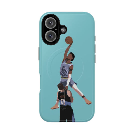 Phone case featuring a low-poly design of Ja Morant from the Memphis Grizzlies attempting to dunk on Kevin Love of the Cleveland Cavaliers.