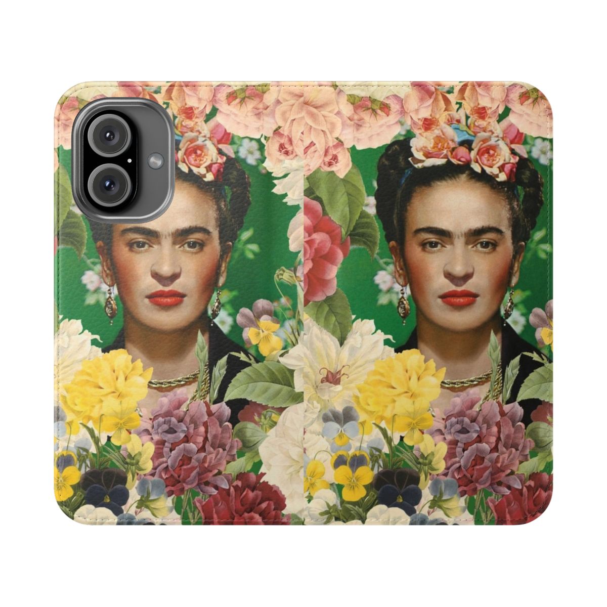 Colorful flip cover phone case featuring a design inspired by the iconic Mexican artist Frida Kahlo and her floral garden.