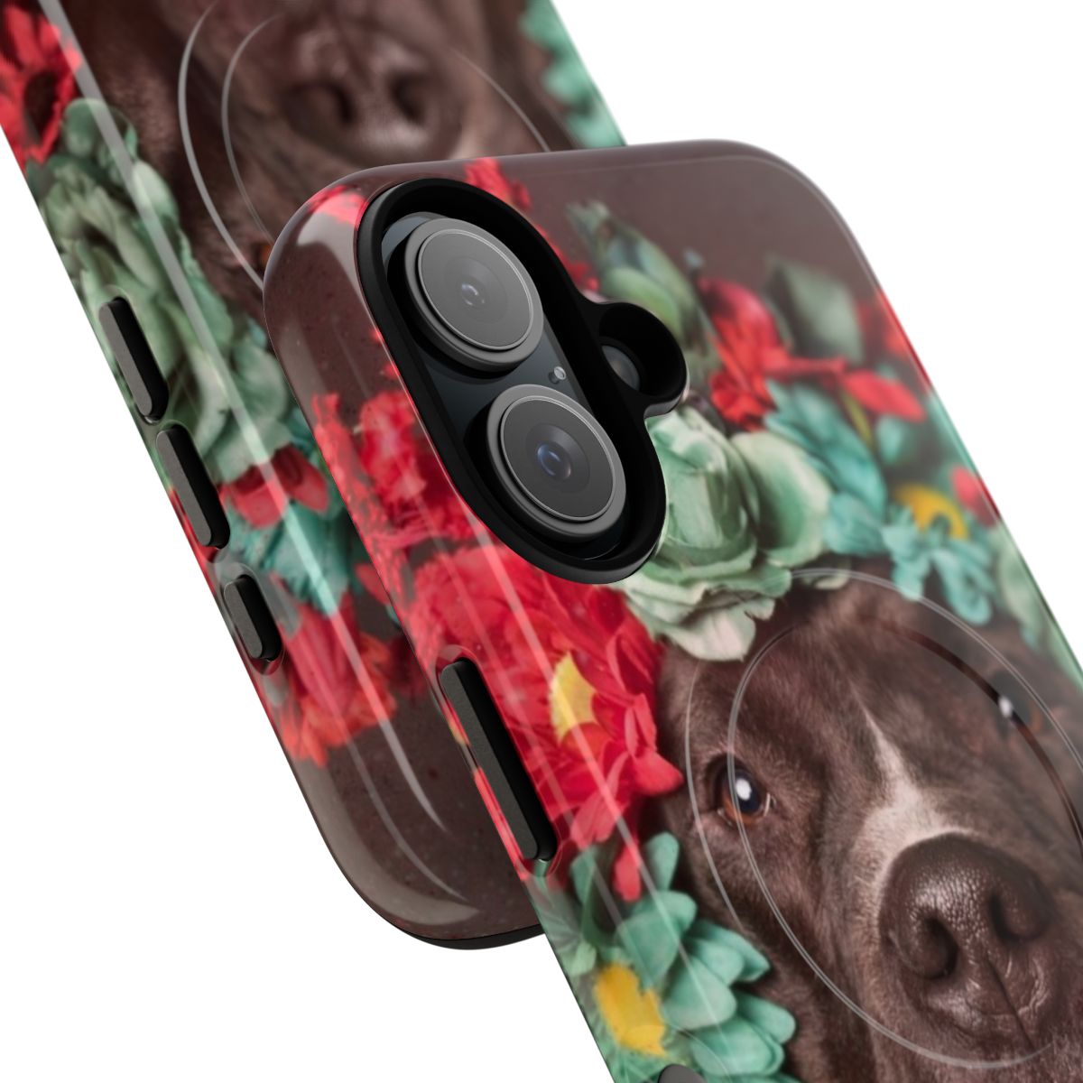 Flower Power Magnetic Tough Phone Case featuring a pitbull with a flower crown - Detail